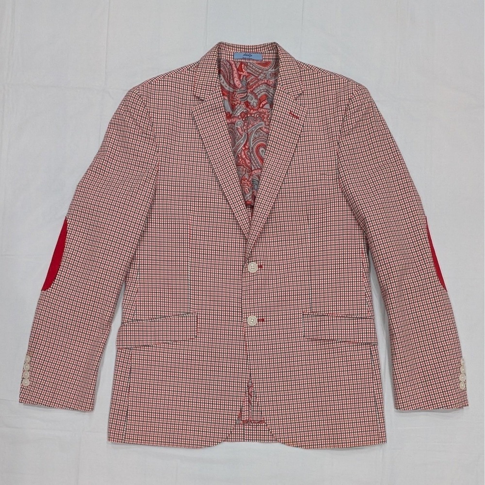 Adolfo Blazer 38R Cotton Crimson Red Gingham Summer Breeze Paisley Elbow Patches - Picture 2 of 15
